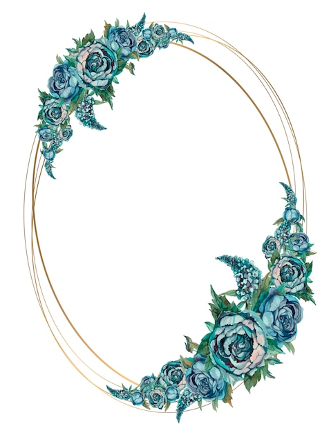 Vector oval gold frame with turquoise watercolor flowers.