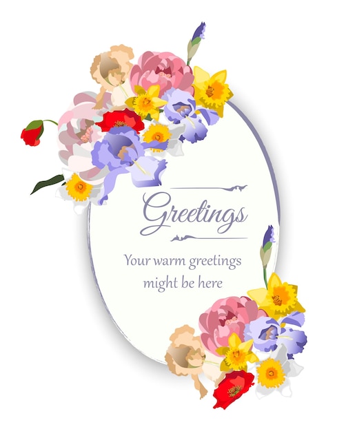 Modello di sfondo floreale vettoriale ovale con vari fiori, peonie, narcisi, iris, papaveri