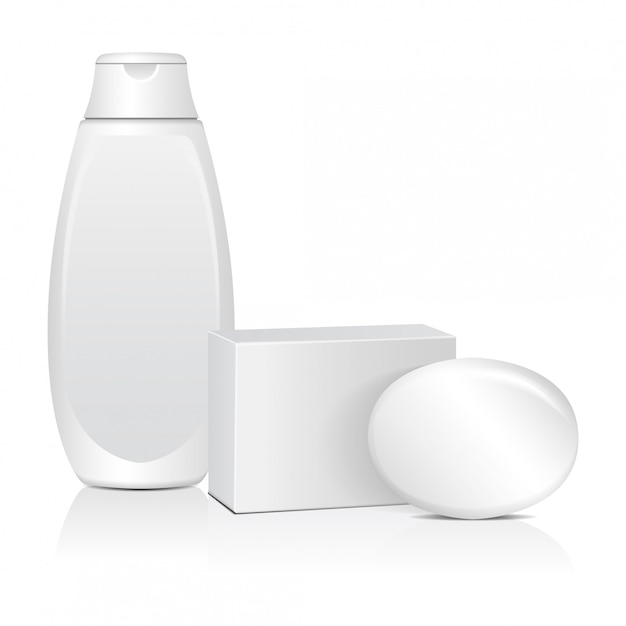 Ovale zeep met witte doos en cosmitische fles. Realistisch pakket