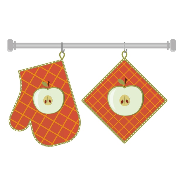 Oven mitt and oven mitt hanging on the rack on hooks, color isolated vector illustration in the flat style