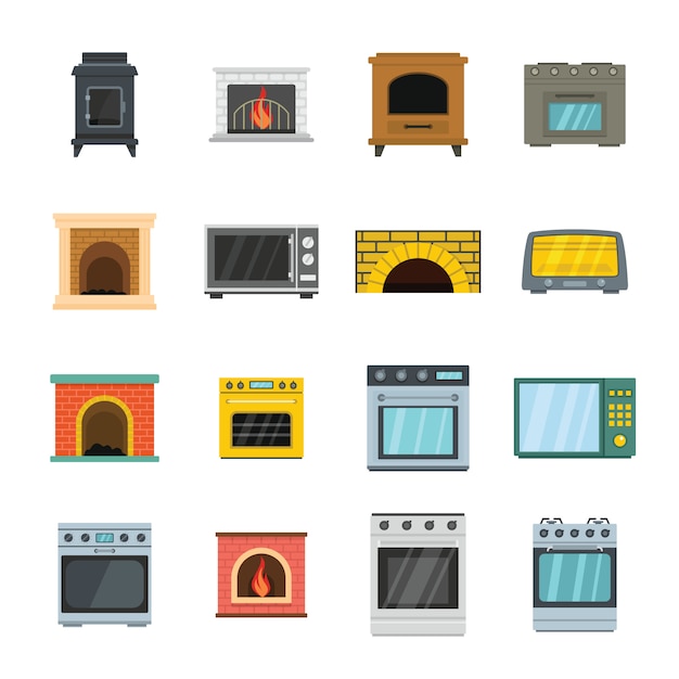 Vector oven stove furnace fireplace icons set