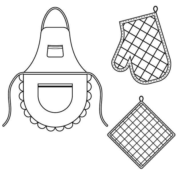 Ovenwant en ovenwant en schort hangend aan het rek aan haken, zwarte contour geïsoleerde vectorillustratie.