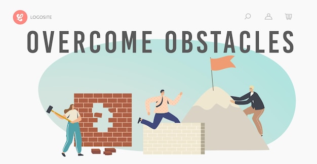 Vector overcome obstacles landing page template. characters developing skills, climbing on rock peak, jump over barriers, hitting wall. leadership, goals achievement. cartoon people vector illustration