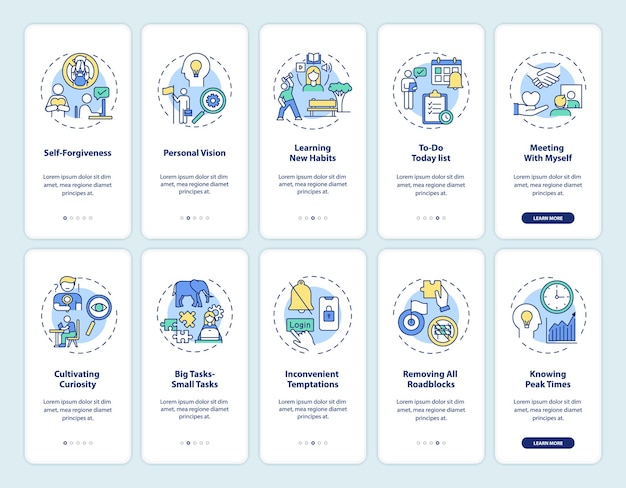 Overcoming delaying tasks habit mobile app page screen with concepts set illustrations