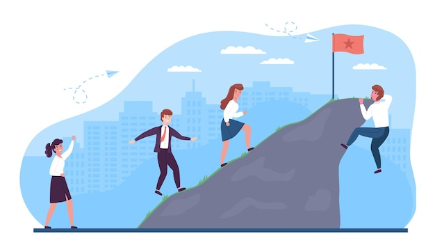 Overcoming obstacles People going uphill man climbs cliff short difficult way long path to success business motivation Achieving goal Employee ambition opportunities vector concept