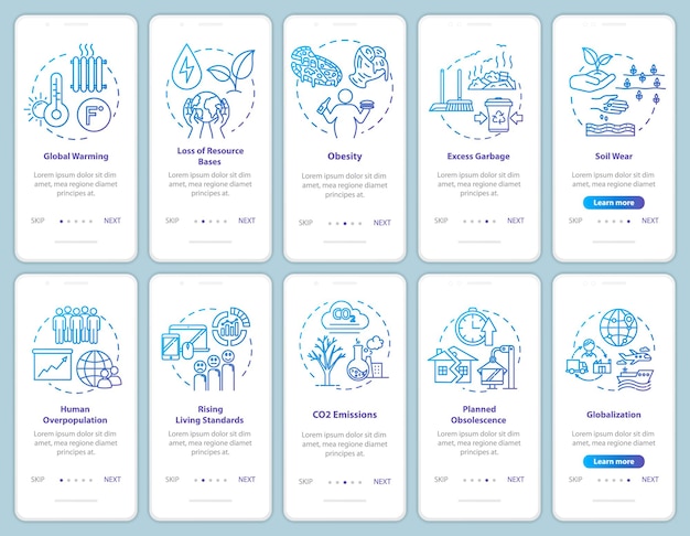 Overconsumptie onboarding mobiele app paginascherm met concepten. Milieuschade. Consumentisme walkthrough 5 stappen grafische instructies. UI-vectorsjabloon met RGB-kleurenillustraties