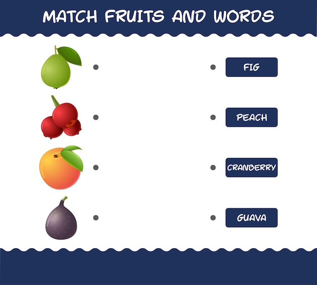 Overeenkomen met cartoon fruit en woorden. Bijpassende game. Educatief spel voor kleuters en kleuters