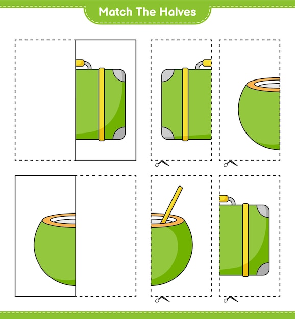 Overeenkomen met de helften. combineer de helften van bagage en kokosnoot. educatief spel voor kinderen, afdrukbaar werkblad, vectorillustratie