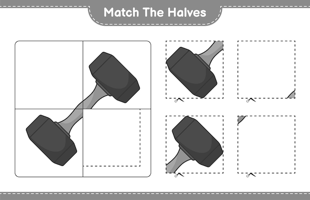 Overeenkomen met de helften. Match de helften van Dumbbell. Educatief kinderspel, afdrukbaar werkblad, vectorillustratie