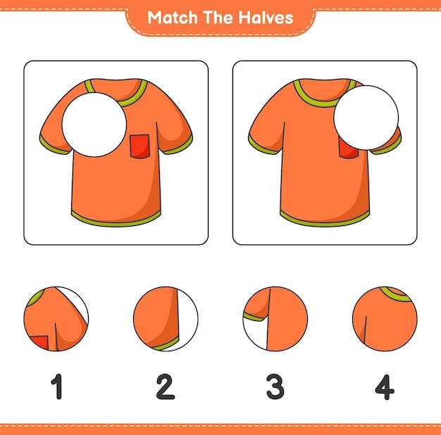 Overeenkomen met de helften. Match de helften van het T-shirt. Educatief kinderspel, afdrukbaar werkblad, vectorillustratie