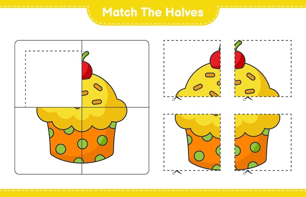 overeenkomen met de helften. match helften van cup cake. educatief kinderspel, afdrukbaar werkblad