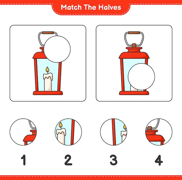 Overeenkomen met de helften. Match helften van Lantaarn. Educatief kinderspel, afdrukbaar werkblad, vectorillustratie