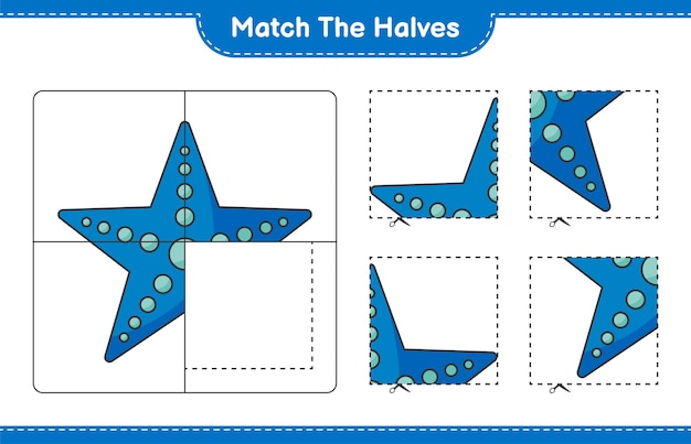 Overeenkomen met de helften. match helften van zeester. educatief kinderspel, afdrukbaar werkblad