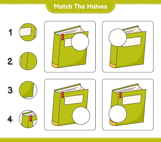 Overeenkomen met de helften Overeenkomen met de helften van Boek Educatief spel voor kinderen afdrukbaar werkblad vectorillustratie