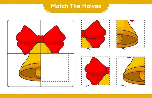 Overeenkomen met de helften Overeenkomen met de helften van Christmas Bell Educatief spel voor kinderen afdrukbaar werkblad vectorillustratie