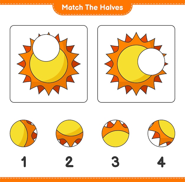 Overeenkomen met de helften. Overeenkomen met de helften van de zon. Educatief spel voor kinderen, afdrukbaar werkblad