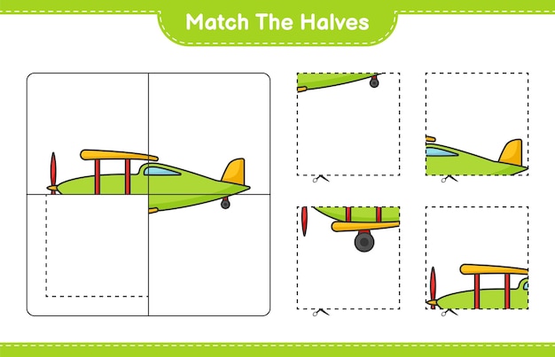 Overeenkomen met de helften overeenkomen met de helften van het vliegtuig educatief werkblad voor kinderen om af te drukken