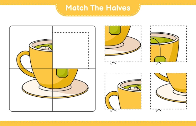 Overeenkomen met de helften Overeenkomen met de helften van Tea Cup Educatief spel voor kinderen afdrukbaar werkblad vectorillustratie
