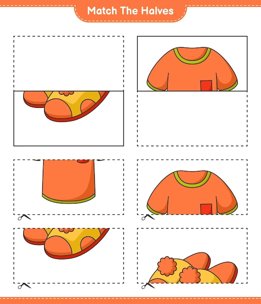 Overeenkomen met de helften Overeenkomen met de helften van Tshirt en Slippers Educatief kinderen spel afdrukbare werkblad vectorillustratie