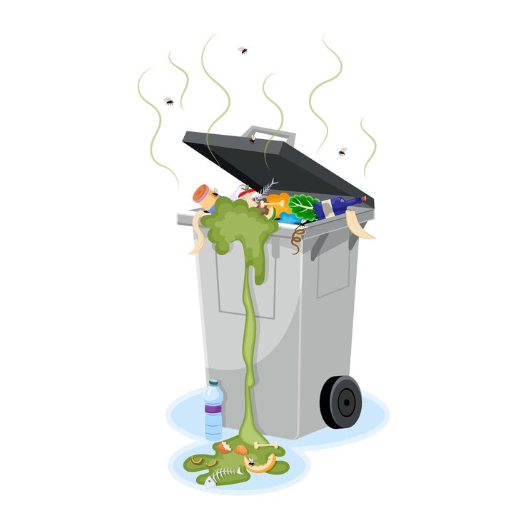 Vector overflowing trash bin with garbage and flies white background vector illustration