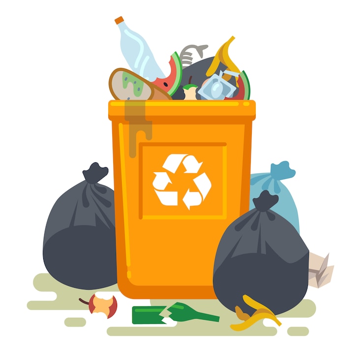 Vector overflowing trash can. food garbage in waste bin with nasty smell. rubbish dump and trash recycling vector isolated concept