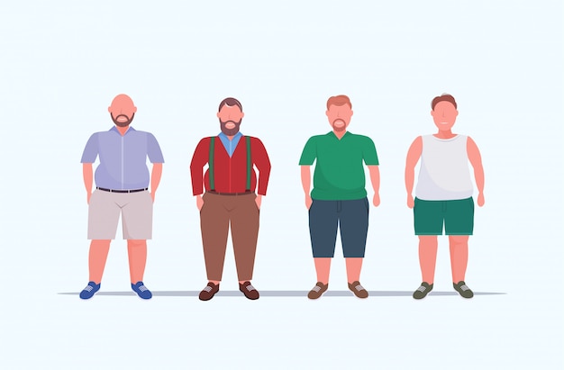 Vector overgewicht mannen groep bij elkaar staan ongezonde levensstijl concept jongens in vrijetijdskleding overmaat mannelijke stripfiguren volledige lengte plat horizontaal