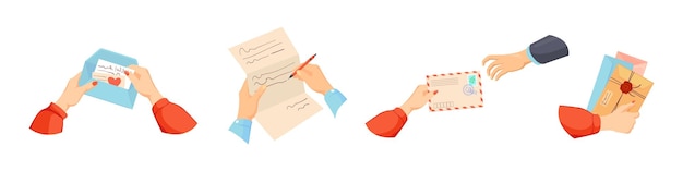 Overhandigen van postbrieven handen schrijven toekomstige brief handgeschreven papier bericht hand met briefkaart verzenden mail envelop cartoon vectorillustratie