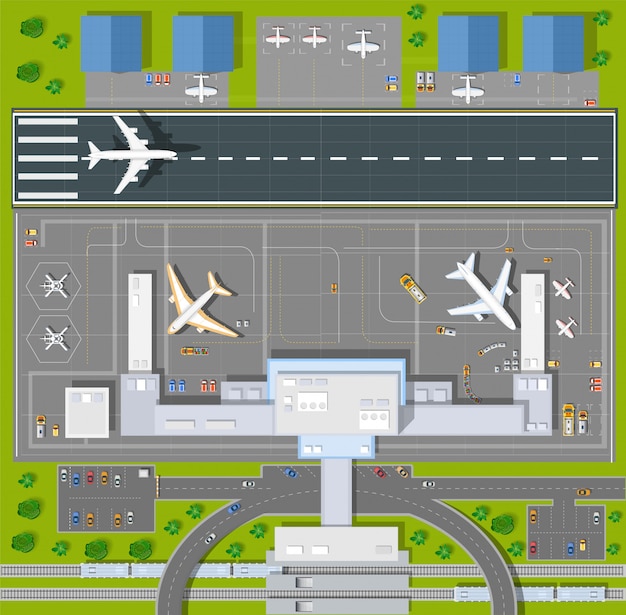 Overhead point of view airport with all the buildings, planes, vehicles and airport 