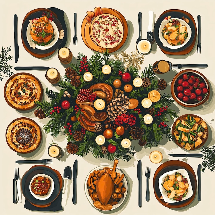 Vector overhead view of festive christmas dinner table multigenerational christmas dinner