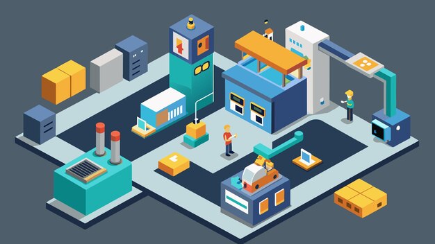 Vector an overhead view of a microfactory production floor showcasing the compact layout and optimized