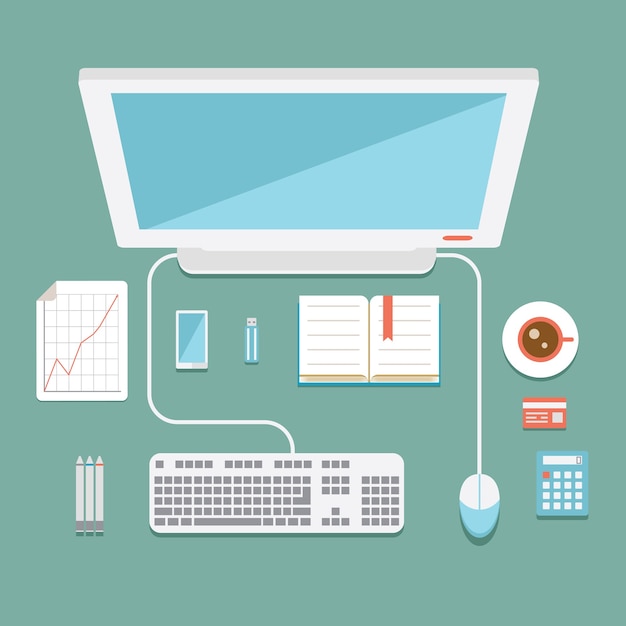 Vector overhead view of an office workstation in flat style with a desktop computer  mouse and keyboard  mobile phone  calculator  usb stick  graphs and a cup of coffee  vector illustration