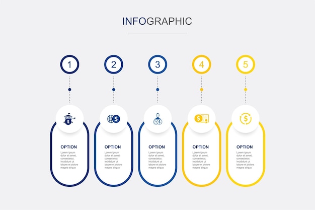 Overheidsschuld wereldeconomie Particuliere schuld Obligaties Herfinanciering pictogrammen Infographic ontwerpsjabloon Creatief concept met 5 stappen