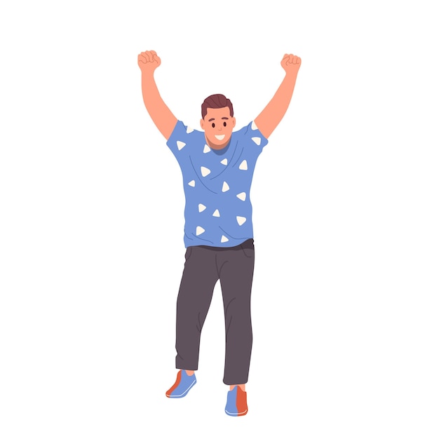 Очень счастливый мужчина, персонаж мультфильма, носящий красочные боулинговые туфли, радуется победе, чувствует волнение и успешную векторную иллюстрацию, изолированную на белом фоне.