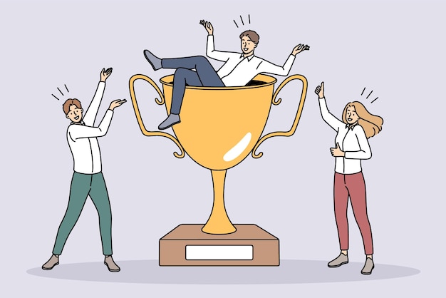 Overjoyed team with huge golden trophy celebrate shared business win or success Happy businesspeople with award rejoice triumph with career accomplishment Teamwork Vector illustration