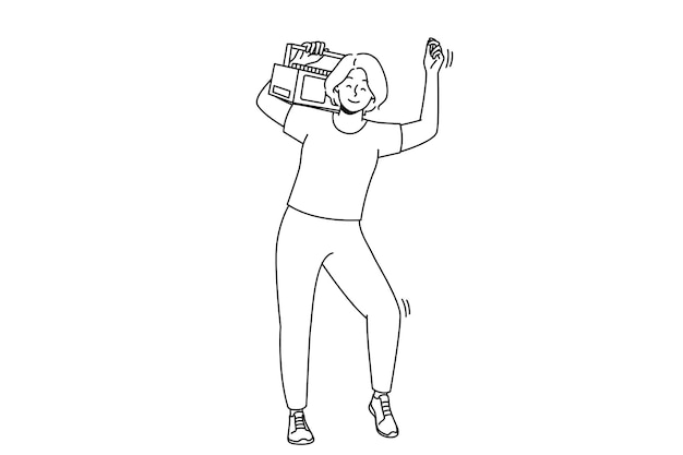 Overjoyed woman dance with stereo on shoulder