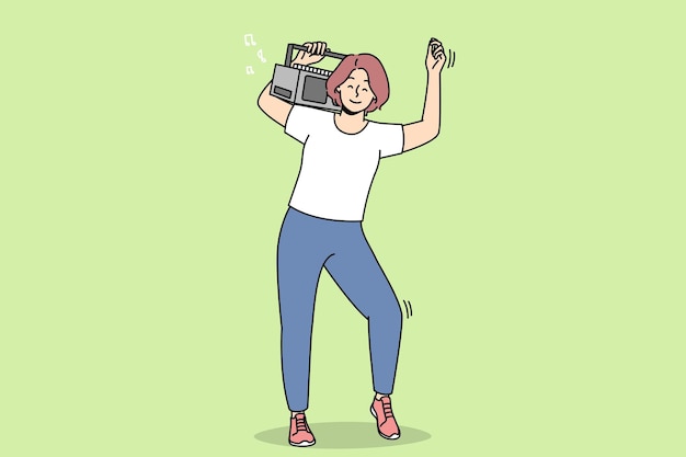 Overjoyed woman dance with stereo on shoulder