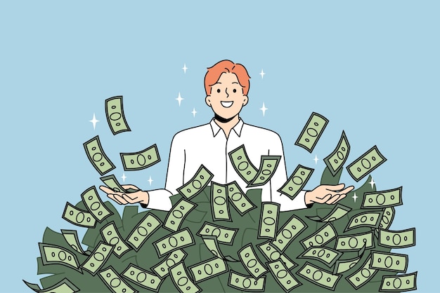 Overjoyed young businessman in stack of dollar banknotes celebrate financial success or investment happy man millionaire excited with money pile win lottery wealth and stability vector