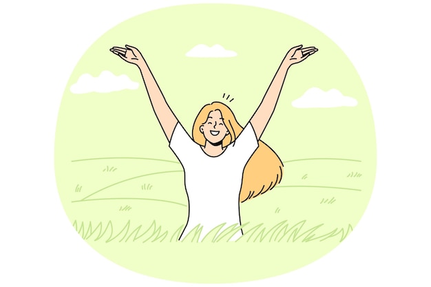 Вектор Обрадованная молодая женщина в поле чувствует себя радостной и оптимистичной улыбающаяся девушка отдыхает на летнем лугу, наслаждается психическим здоровьем и оптимизмом векторная иллюстрация