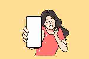 Vector overjoyed young woman show cellphone with blank mockup screen excited about good news online