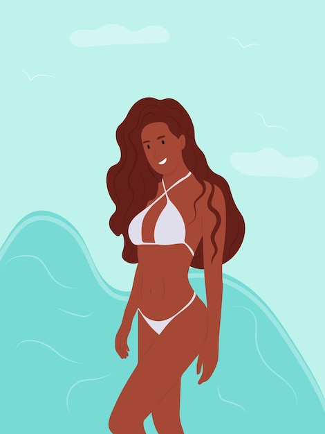 Vector overjoyed young woman in swimsuit on the background of the sea vector illustration