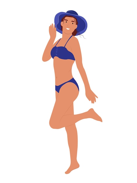 Overjoyed young woman in swimsuit and a hat