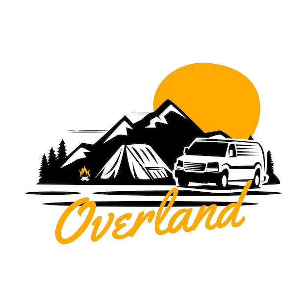 Overland camper in bos vector logo afbeelding