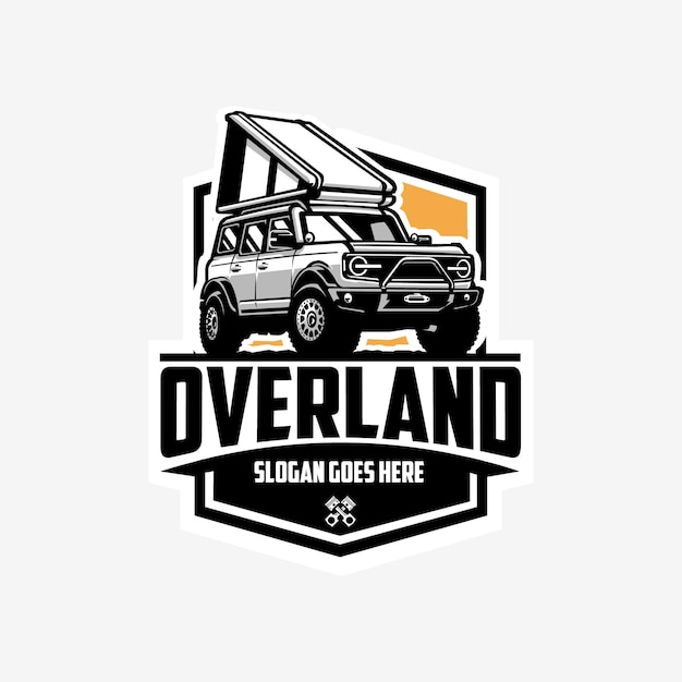 Overland suv camper truck badge emblema logo illustrazione arte vettoriale isolata