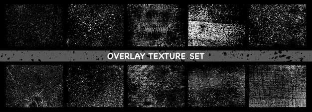 Overlays stempel textuur met effect grunge schade oud beton spray effect Set van verschillende verontruste witte korrel textuur Vector illustratie