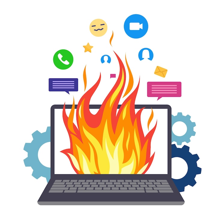 Vector overload burning computer cartoon laptop with flaming screen broken electrical device pc system reload gadget reboot problems with software and internet messengers vector concept