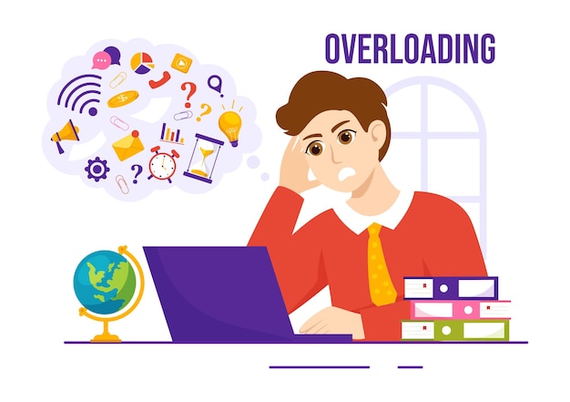 Overloading Illustration with Busy work and Multitasking Employee to Finish Documents or Information
