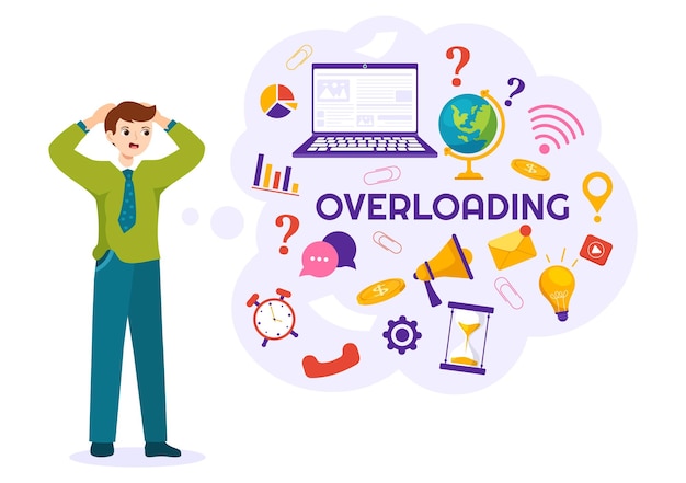 Overloading Illustration with Busy work and Multitasking Employee to Finish Documents or Information