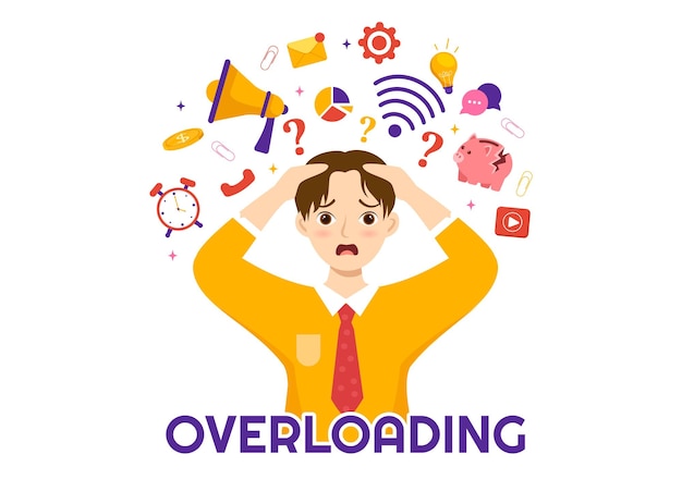 Overloading Illustration with Busy work and Multitasking Employee to Finish Documents or Information