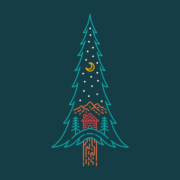 overnight in the pine forest monoline illustration