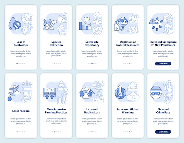 Set di schermate per app mobili onboarding blu chiaro per crisi di sovrappopolazione